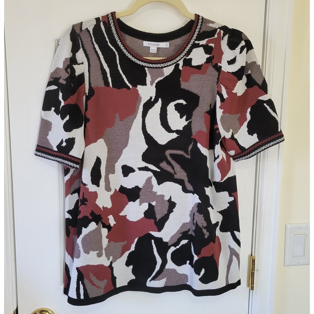 Chico's Knit Top Size‎ 2 US L Abstract Camo White Brown Black Shortsleeve